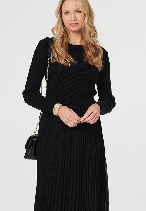 L/S Knitted Combination Maxi Dress With Chiffon Pleated Skirt - Black