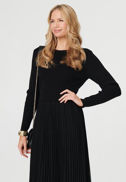 Izabel London - L/S Knitted Combination Maxi Dress With Chiffon Pleated Skirt - Black