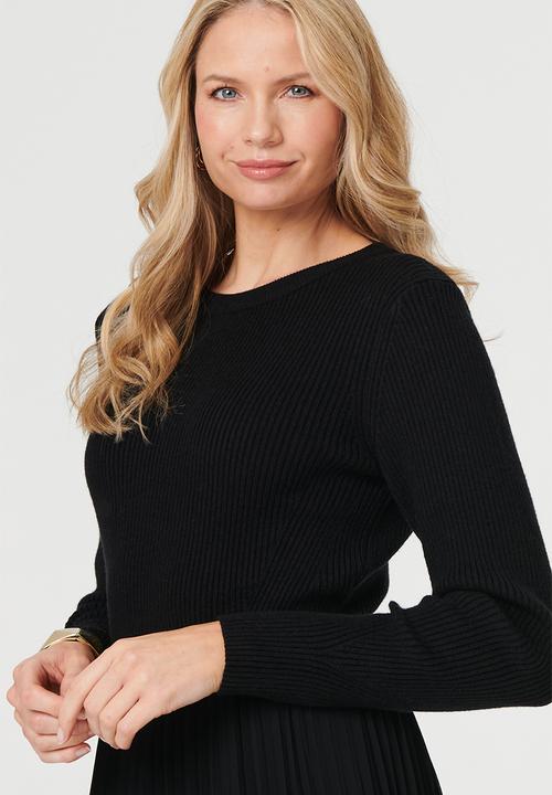 Izabel London - L/S Knitted Combination Maxi Dress With Chiffon Pleated Skirt - Black