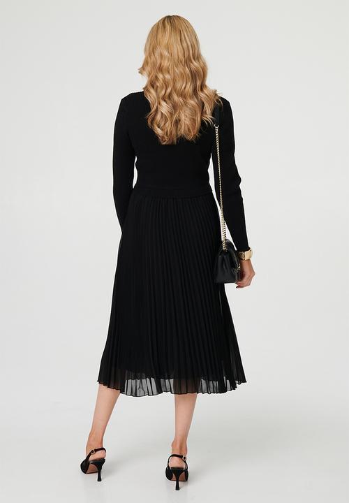 Izabel London - L/S Knitted Combination Maxi Dress With Chiffon Pleated Skirt - Black