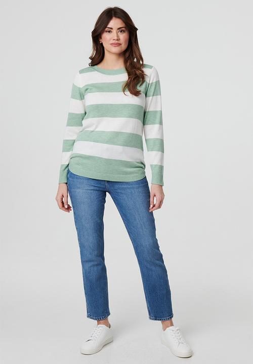 Stella Morgan - Long sleeve Boat Neck Wool Blend Stripe Sweater - Sage
