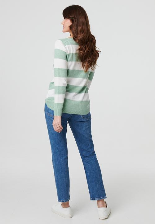 Stella Morgan - Long sleeve Boat Neck Wool Blend Stripe Sweater - Sage