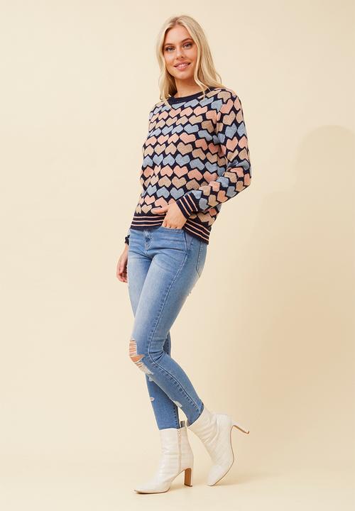 MANDI - Long sleeve Allover Heart Detail Sweater - Navy