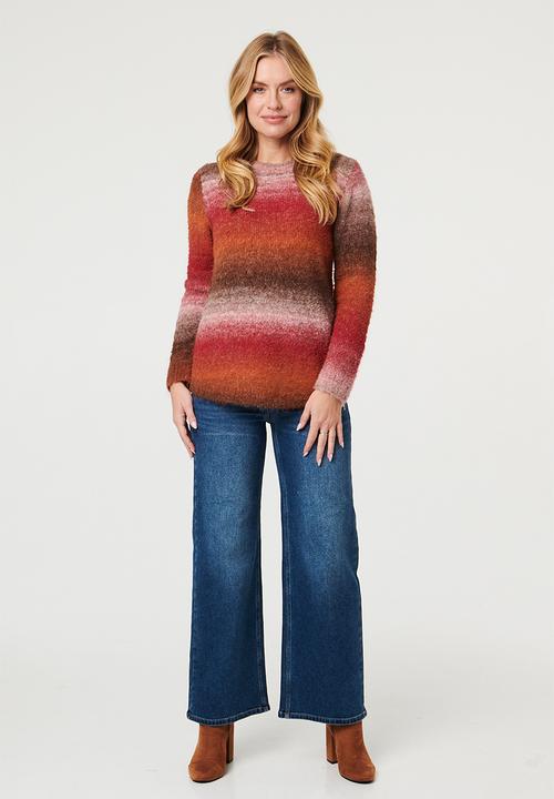 Izabel London - Long sleeve Crew Neck Ombre Effect Sweater With Scoop Hem - Multi
