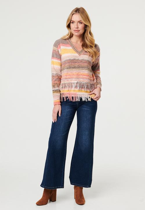 Izabel London - V-Neck Ombre Effect Sweater With Fray On Front And Back - Multi