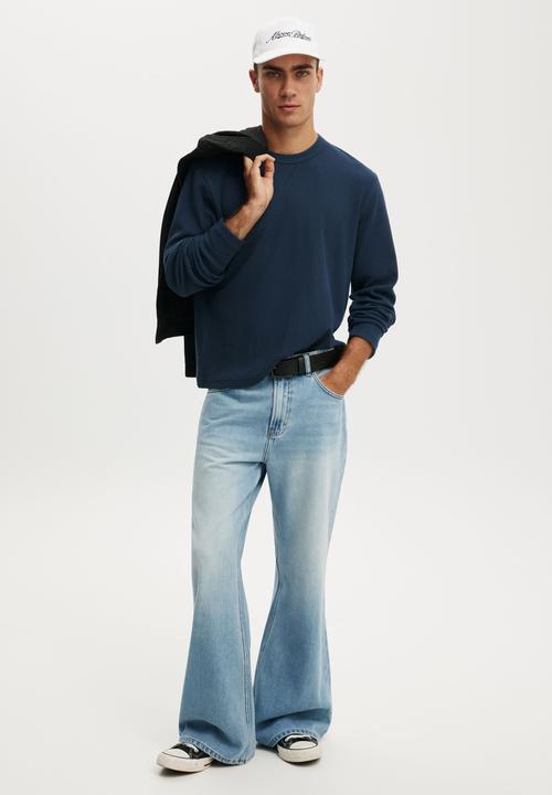 Cotton On - Cropped Fit Textured Long Sleeve - Auto Navy Waffle