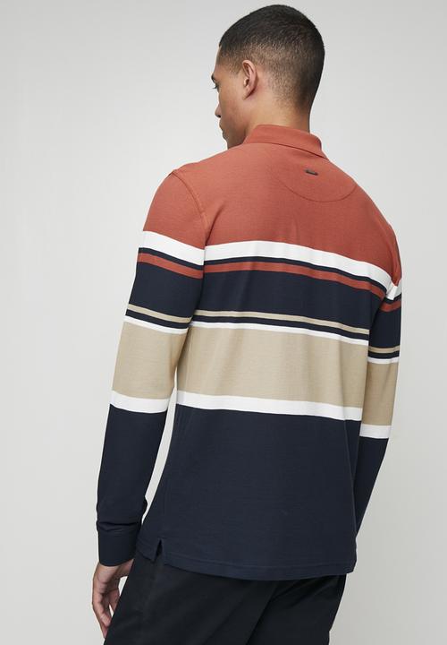 POLO - Tilston Pique Stripe Long sleeve Golfer - Brick