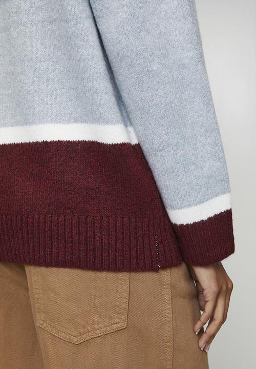 Izabel London - L/S Easy Wearing Irregular Stripe Sweater - Burgundy & Grey