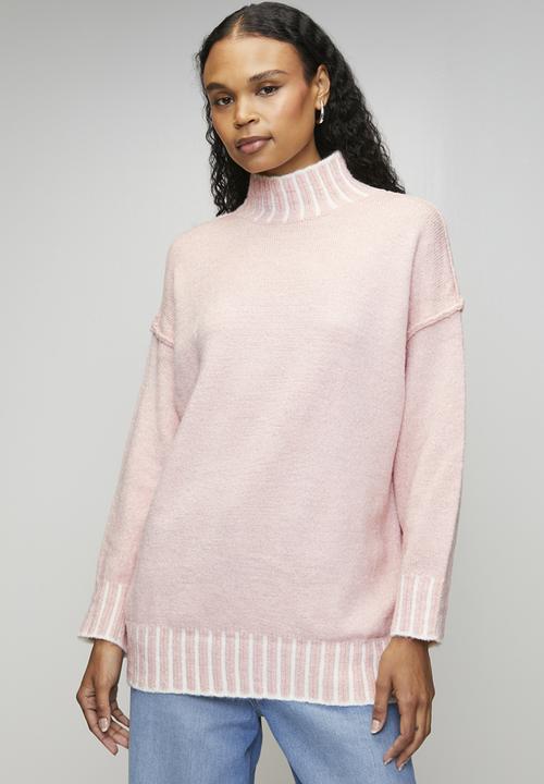 Izabel London - L/S Longer Length High Neck Melange Sweater - Petal Pink