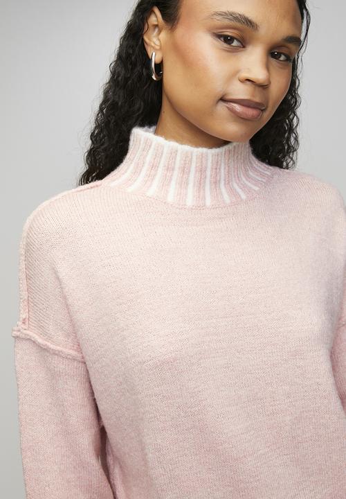 Izabel London - L/S Longer Length High Neck Melange Sweater - Petal Pink