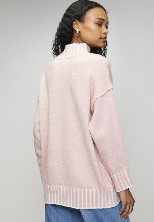 Izabel London - L/S Longer Length High Neck Melange Sweater - Petal Pink