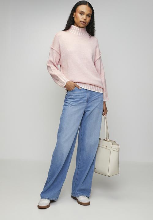 Izabel London - L/S Longer Length High Neck Melange Sweater - Petal Pink
