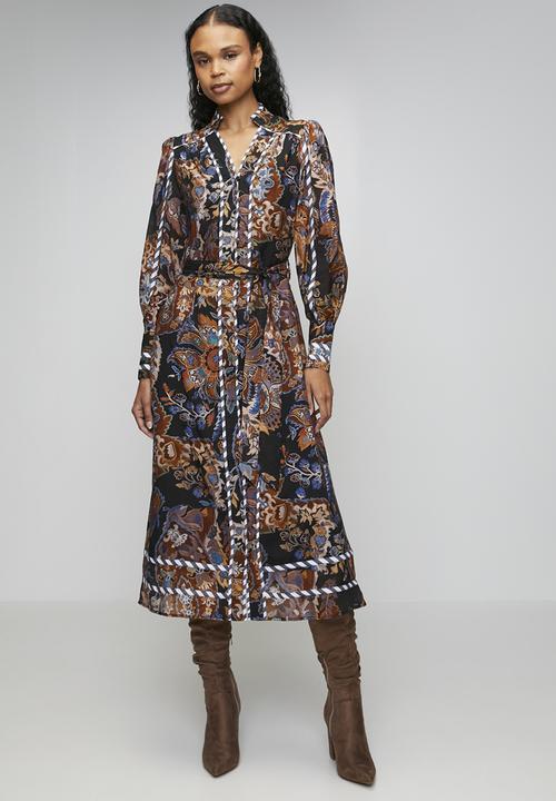 Izabel London - L/S V-Neck Button Through Floral Printed Dress With Contrast Stripe Detail - Multi Rust