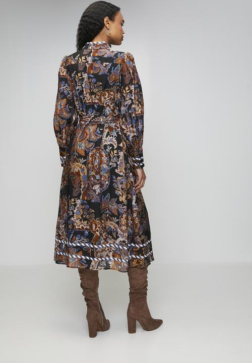 Izabel London - L/S V-Neck Button Through Floral Printed Dress With Contrast Stripe Detail - Multi Rust