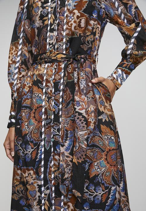 Izabel London - L/S V-Neck Button Through Floral Printed Dress With Contrast Stripe Detail - Multi Rust