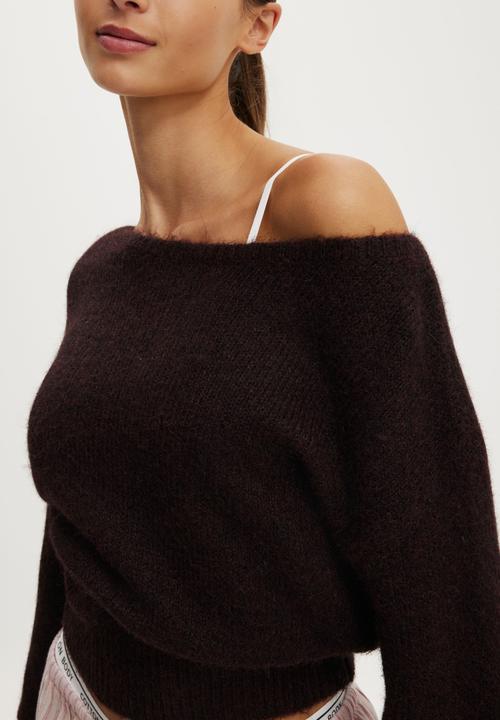 Cotton On - Fluffy off the shoulder knit - chocolate plum