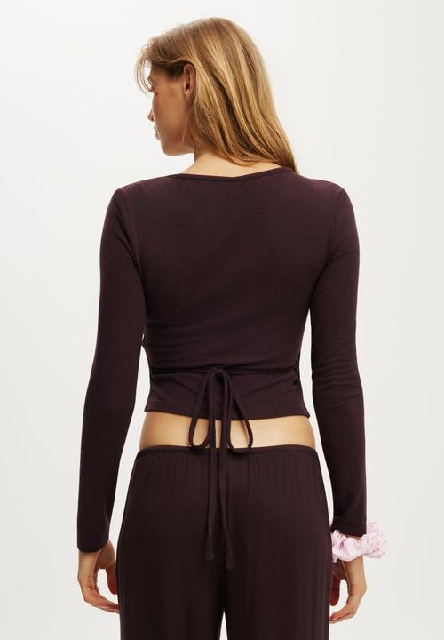 Cotton On - Supersoft boat neck henley long sleeve - chocolate plum