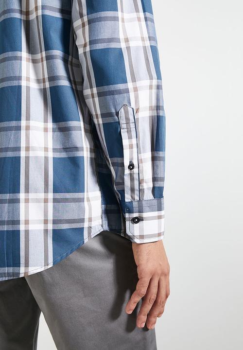 POLO - Mens Easy Care Check Long Sleeve Shirt - Blue