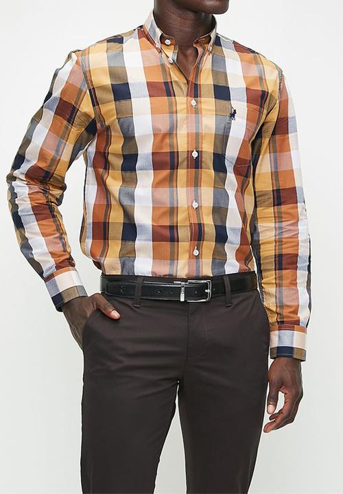POLO - Mens Easy Care Bold Check Long sleeve Shirt - Orange