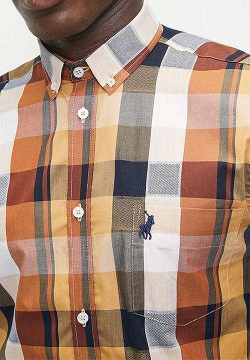 POLO - Mens Easy Care Bold Check Long sleeve Shirt - Orange