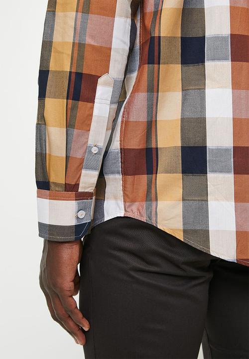 POLO - Mens Easy Care Bold Check Long sleeve Shirt - Orange