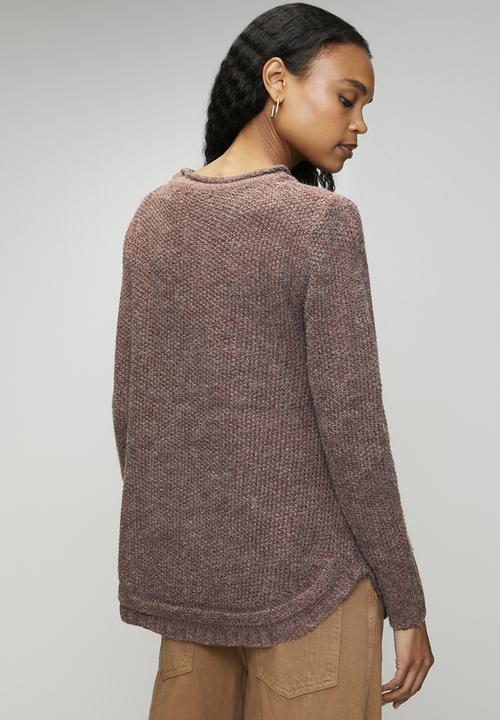 MANDI - Long Sleeve Waffle Sweater With Side Wood Buttons - Chocolate