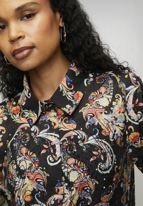 MANDI - Long sleeve Button Through Sheer Printed Blouse - Multi Black