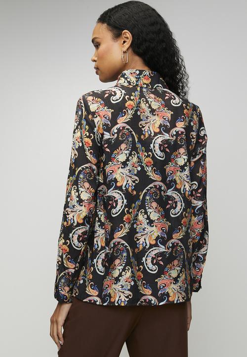 MANDI - Long sleeve Button Through Sheer Printed Blouse - Multi Black