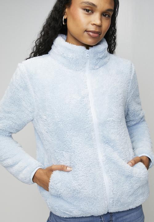 MANDI - Long Sleeve Teddy Zip through Jacket - Pale Blue