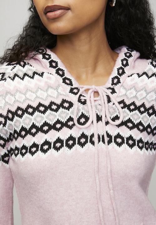 MANDI - Long sleeve  V-Neck Scoop Hem Hooded Sweater  - Pink