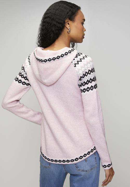 MANDI - Long sleeve  V-Neck Scoop Hem Hooded Sweater  - Pink