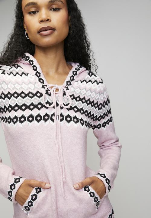 MANDI - Long sleeve  V-Neck Scoop Hem Hooded Sweater  - Pink