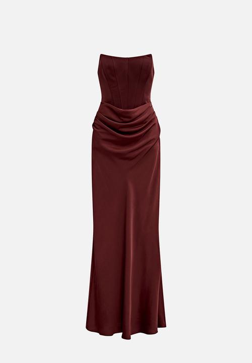 Isra drape strapless maxi dress in vintage merlot
