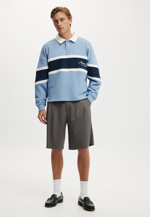 Cotton On - Cropped Fit Graphic Fleece Polo - Riviera Blue/Vintage White/Society