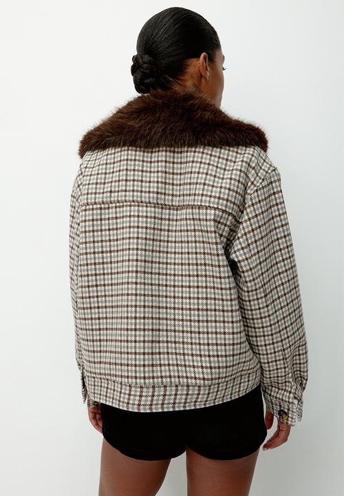 H&M - Fluffy-collar twill jacket - light beige/checked