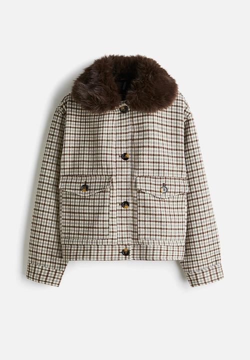 H&M - Fluffy-collar twill jacket - light beige/checked