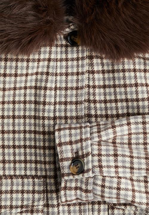 H&M - Fluffy-collar twill jacket - light beige/checked