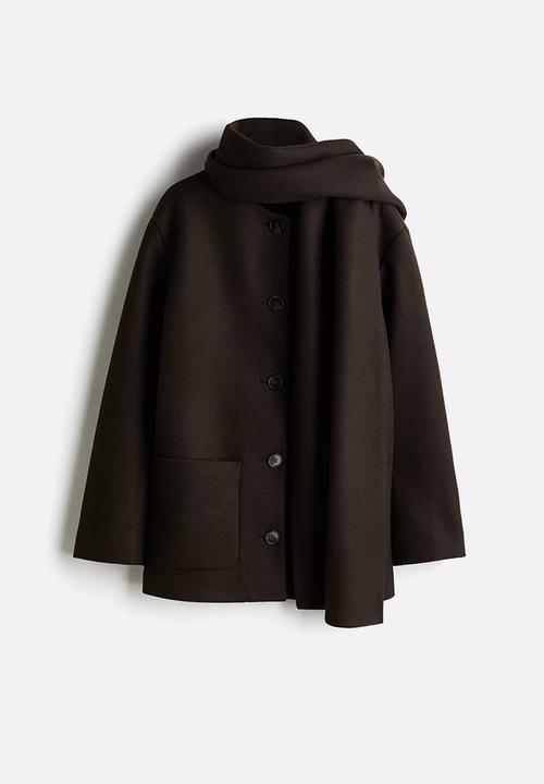 Scarf-detail coat - dark brown - 1302220001