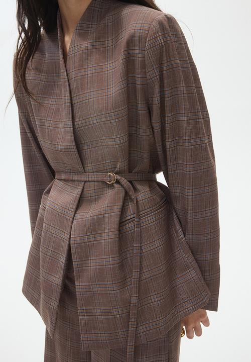 H&M - Belted throw-on blazer - brown/checked