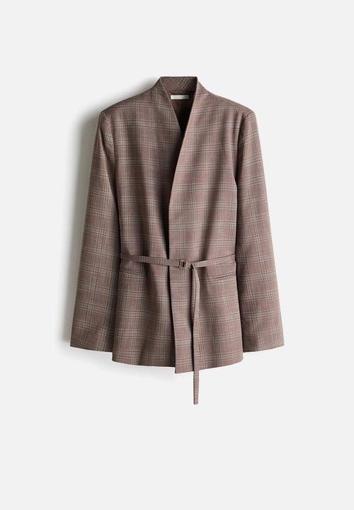 H&M - Belted throw-on blazer - brown/checked
