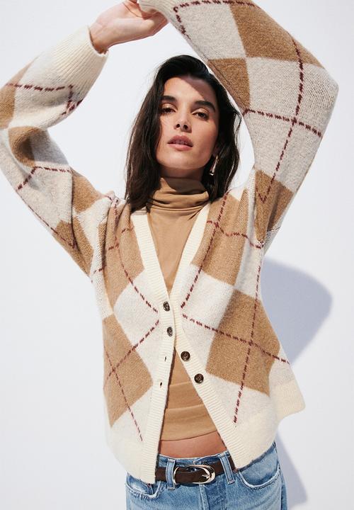 H&M - Jacquard-knit cardigan - light beige/argyle pattern
