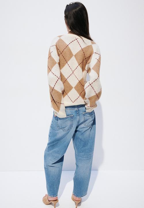 H&M - Jacquard-knit cardigan - light beige/argyle pattern