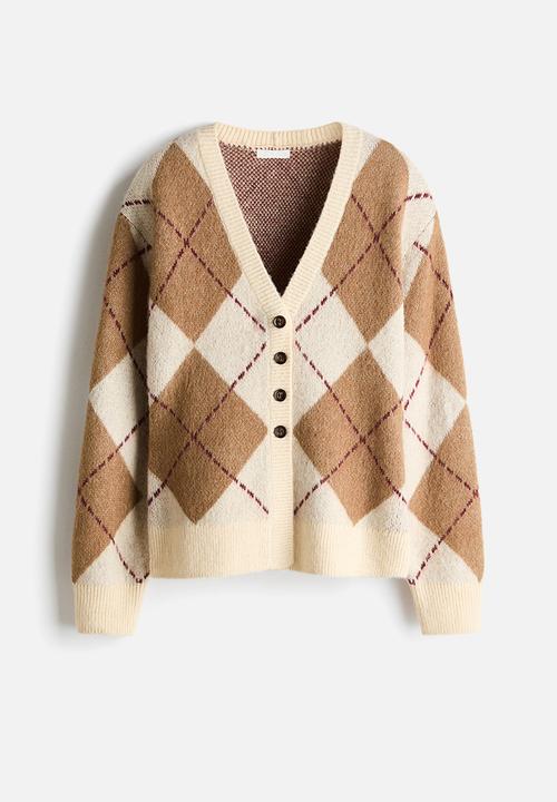 H&M - Jacquard-knit cardigan - light beige/argyle pattern