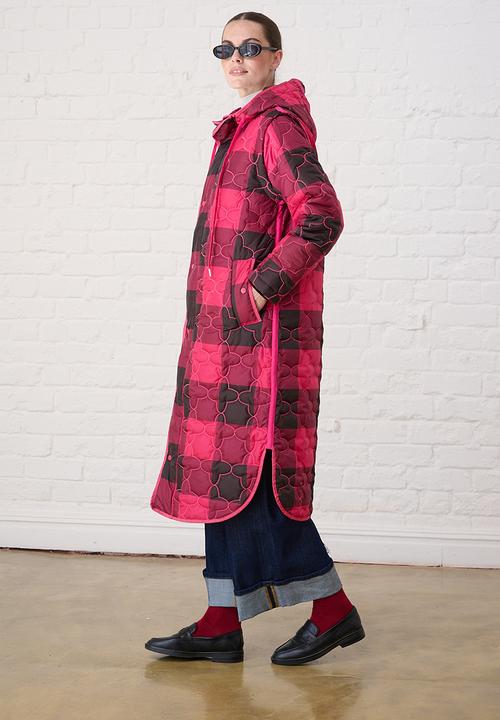 Me&B - The Multiway Check Maxi Puffer - Burgundy