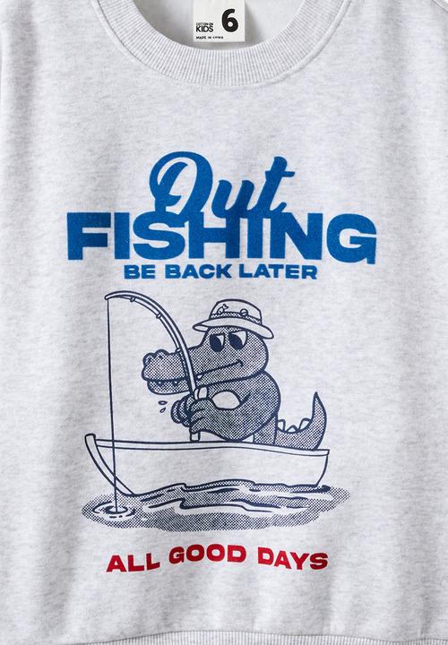 Cotton On - Sammy Oversize Crew - Grey Marle/Out Fishing 