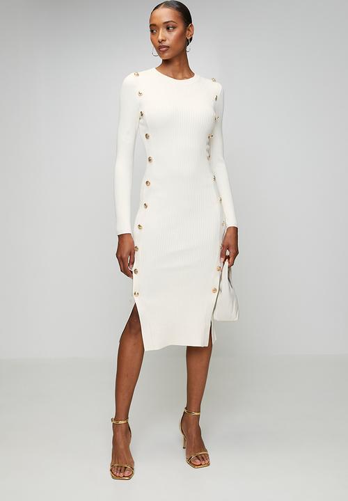 GUESS - Ls Rib Logo Button Vonn Dress - Dove White