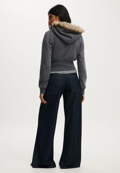 Cotton On - Corset band zip through hoodie - moonlight shadow/faux fur