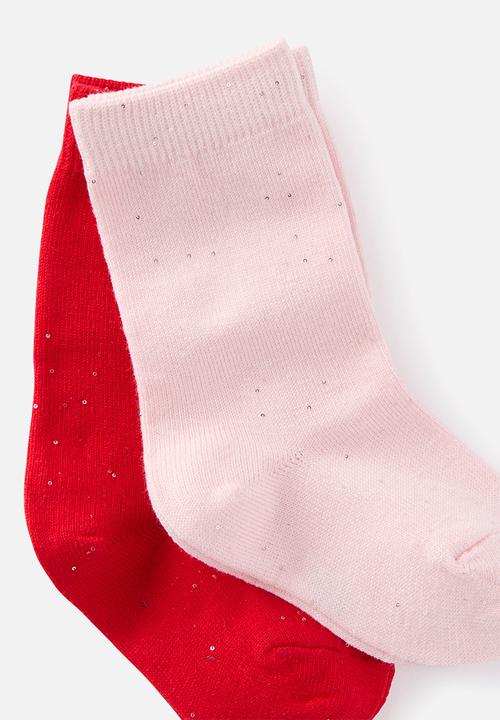Cotton On - Kids 2Pk Longline Crew Socks - Tea Party Pink/Varsity Red Sequin