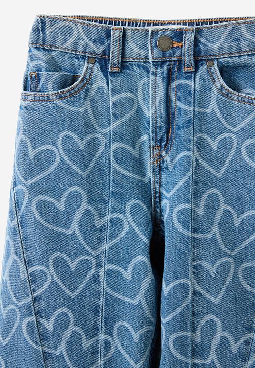 Cotton On - Super Wide Leg Denim Jean - Blue Haven Mid Blue/Hearts