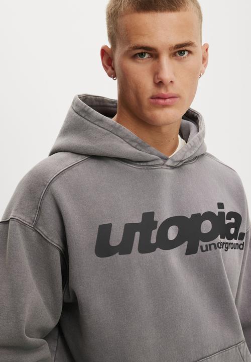 Cotton On - Box Fit Graphic Hoodie - Slate Stone / Utopia